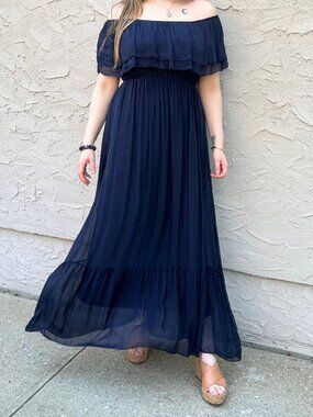 Navy Peasant Maxi Lined Dress